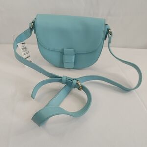On 34th Aqua Blue Saddle Crossbody Bag Small Faux Leather Gold Hardware NWT